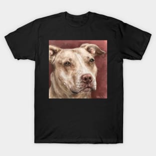 Painting of a Beautiful Red Nose Pit Bull With Soulful Eyes, Dark Red Background T-Shirt